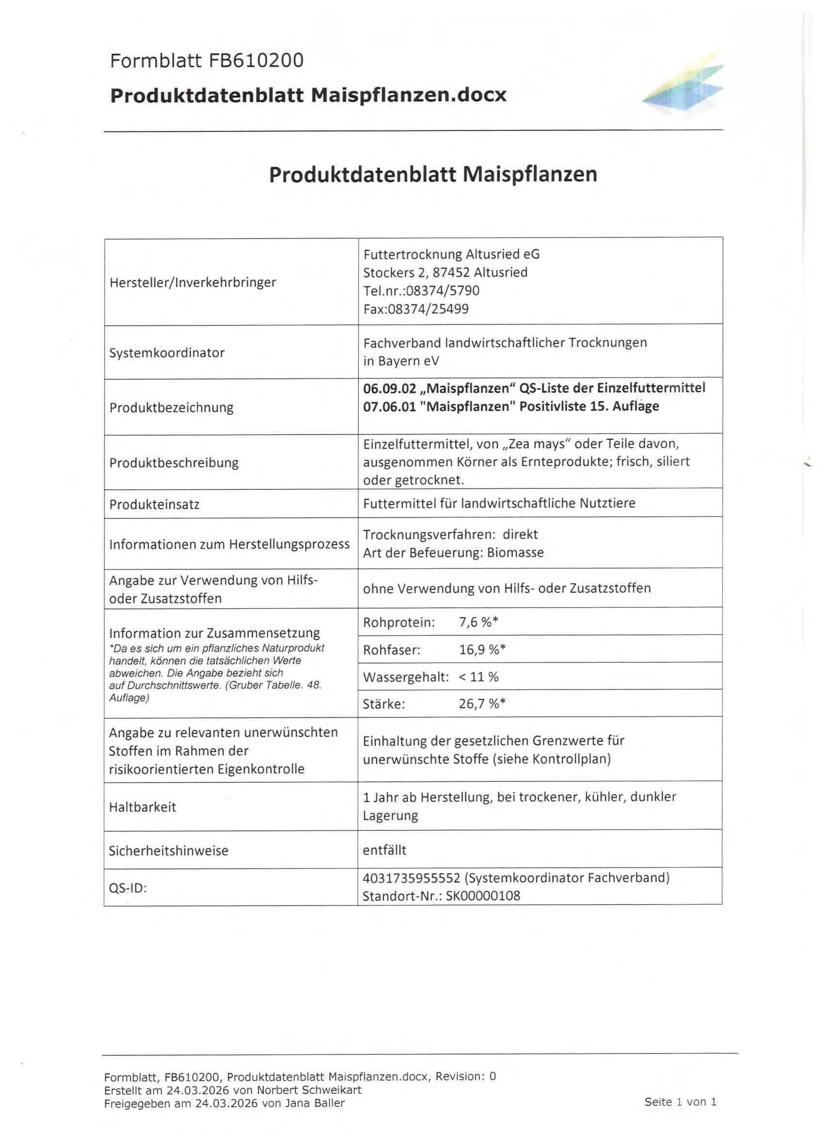 Produktdatenblatt Mais Bild